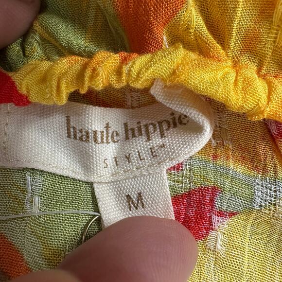 Haute Hippie Tropical Leaf Print Crop Top Womens M Orange Button Back Tie Waist - Picture 4 of 8